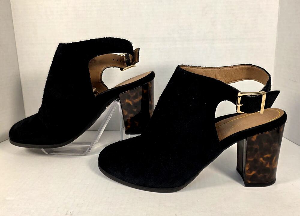Vionic Lacey Black Suede Tortoiseshell Block Heel Open Heel Bootie Sz 10 Retro